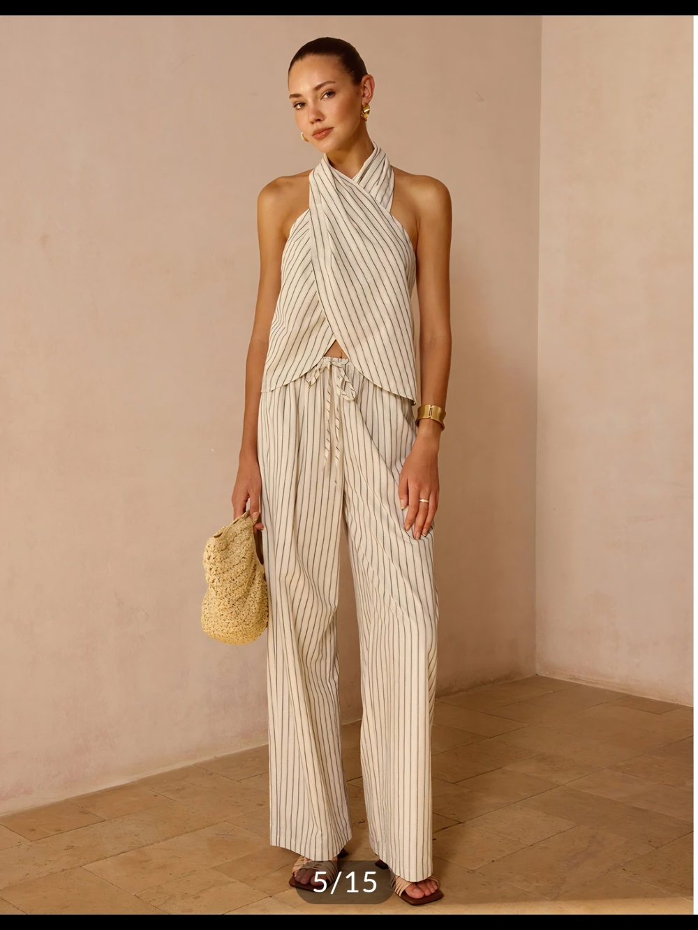 Commense Cream and Black Striped Halter Wide-Leg Jumpsuit